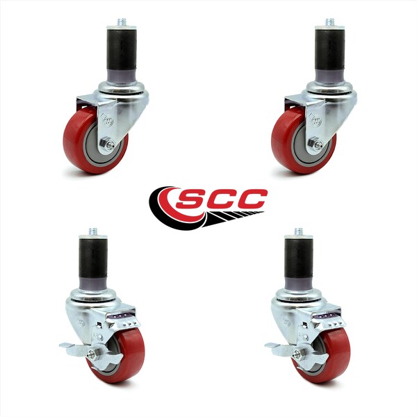 3.5 Inch Red Polyurethane Swivel 1-5/8 Inch Expanding Stem Caster Brake, 2PK